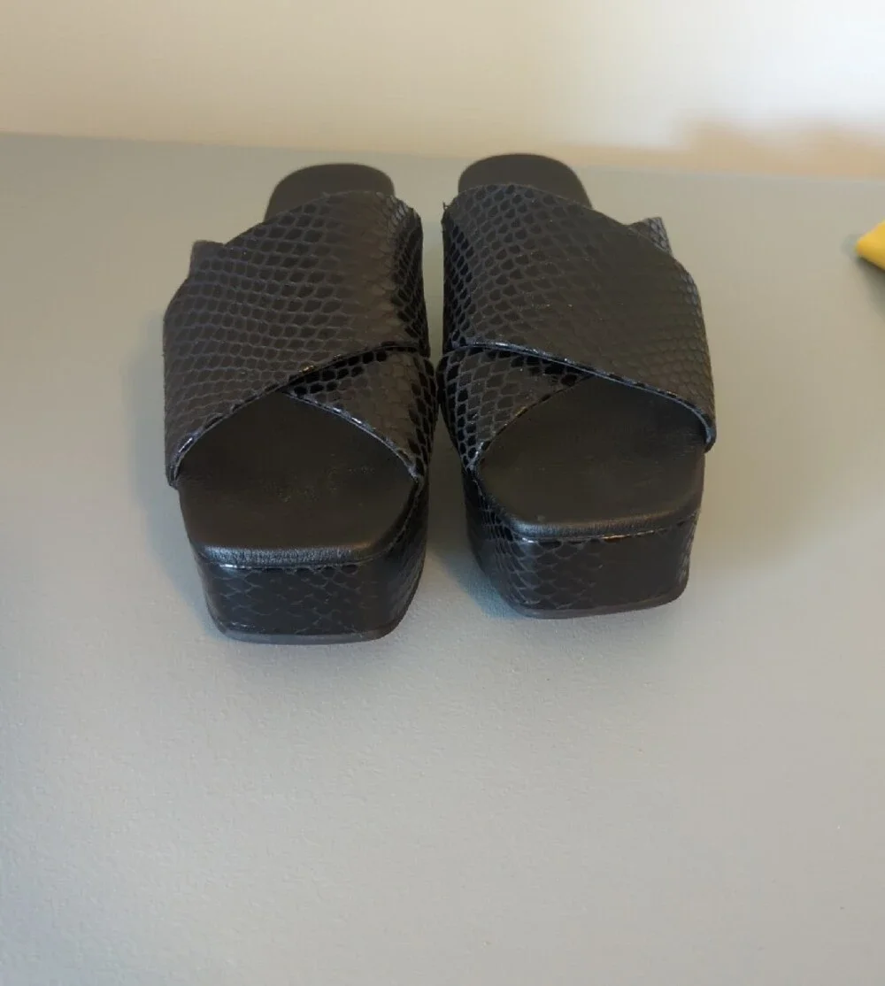 Matisse Platform Slide Sandals in Black Snakeskin